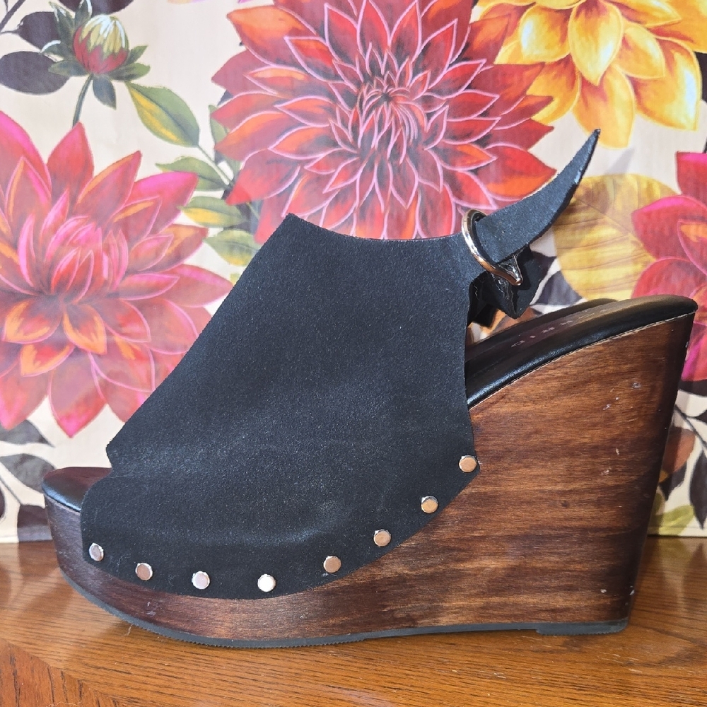 torrid Black Suede-Look Wood Platform Wedge Sandals